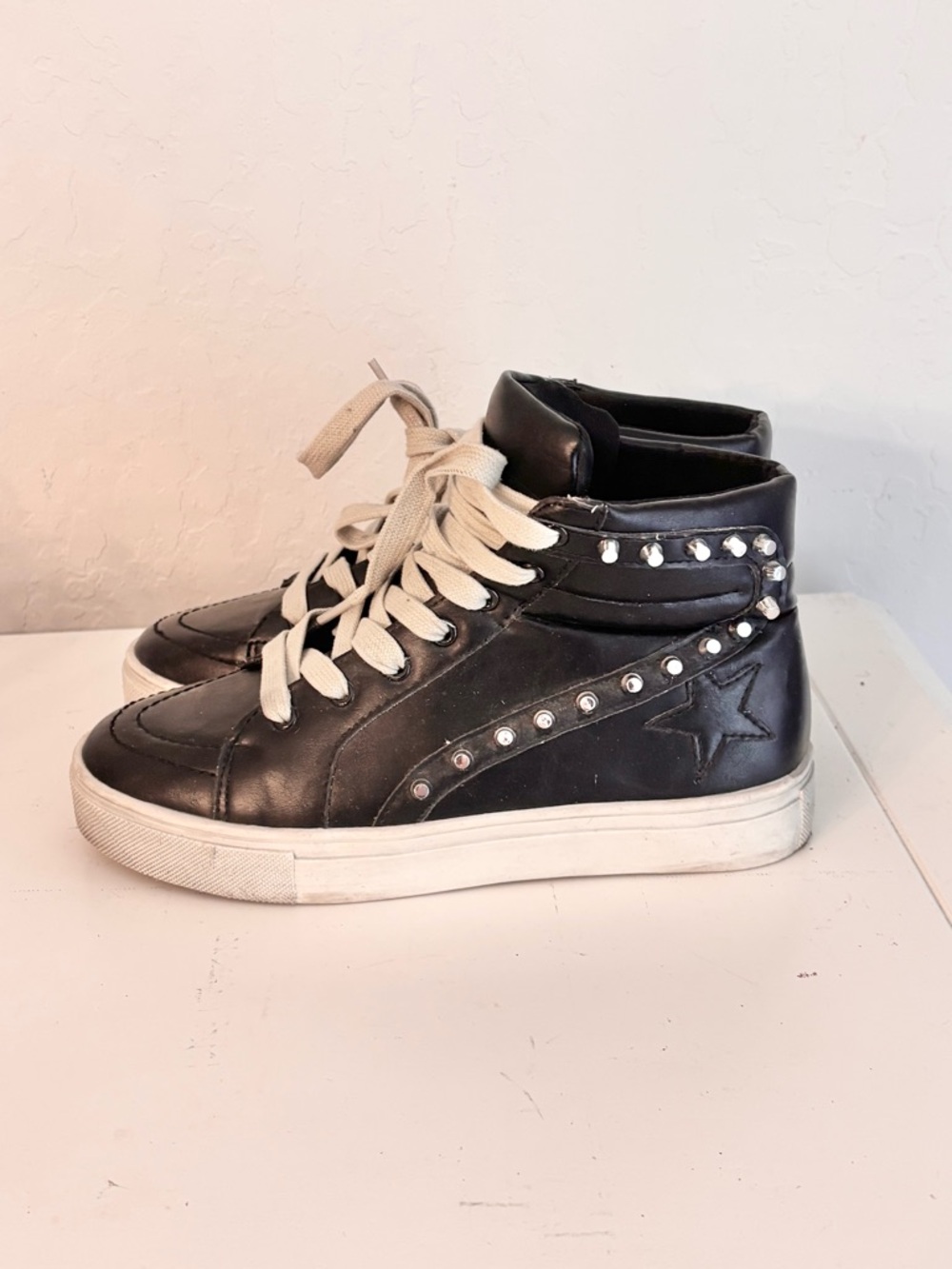 CCOCCI Studded High Top Sneakers in Black Vegan Leather Star Embossing, Sz 7